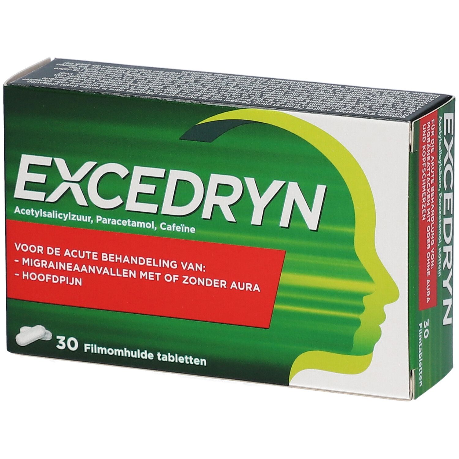 Boîte Excedryn. Vert et blanc. Texte: Excedryn, 30 comprimés pelliculés. Pour migraines et maux de tête.