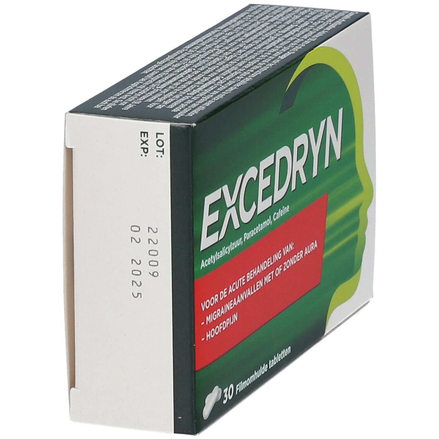Boîte Excedryn. Vert et blanc. Texte: Excedryn, 30 comprimés pelliculés. Pour migraines et maux de tête.