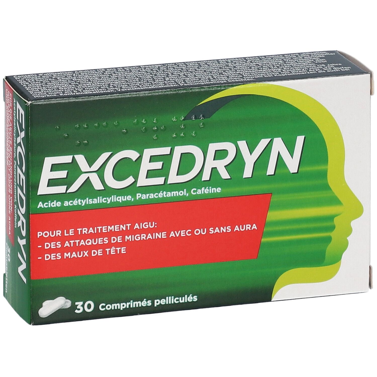 Boîte Excedryn. Vert et blanc. Texte: Excedryn, 30 comprimés pelliculés. Pour migraines et maux de tête.