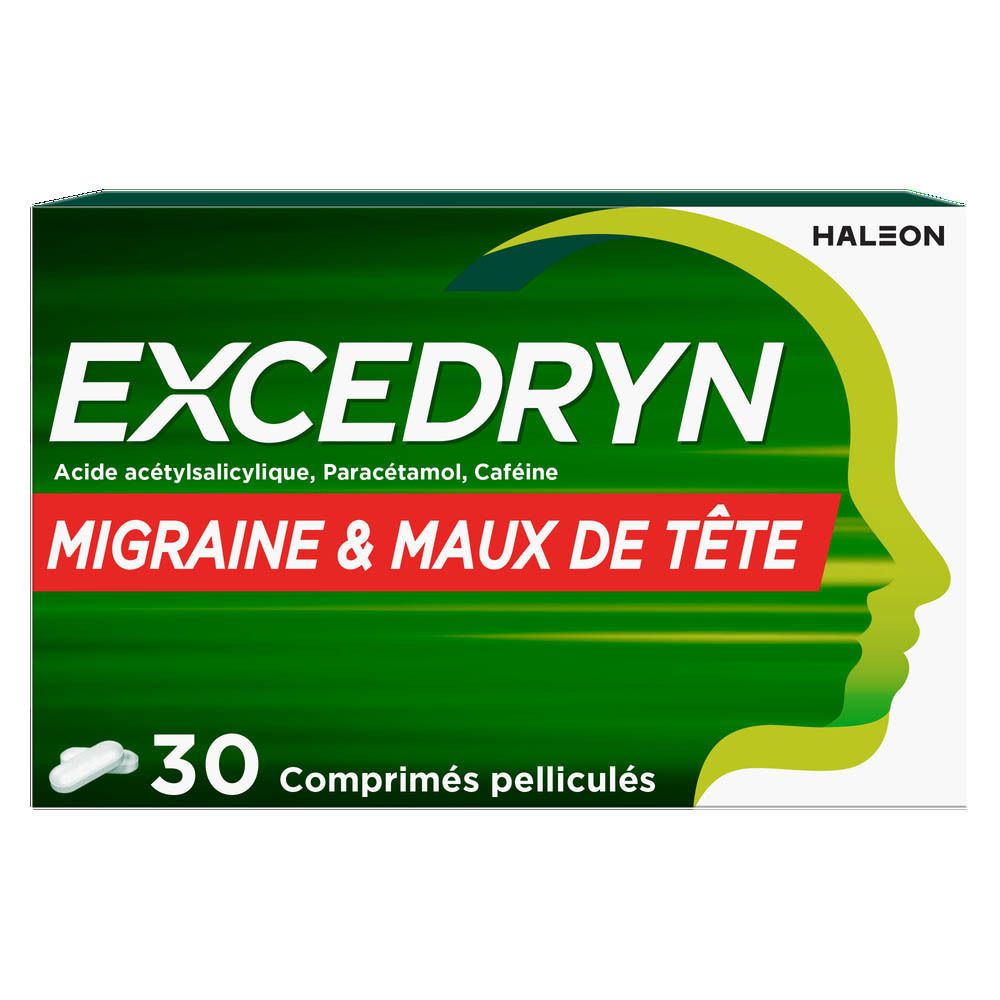 Boîte Excedryn avec comprimés. Vert et blanc. Texte: Excedryn, 30 comprimés. Migraines et maux de tête.