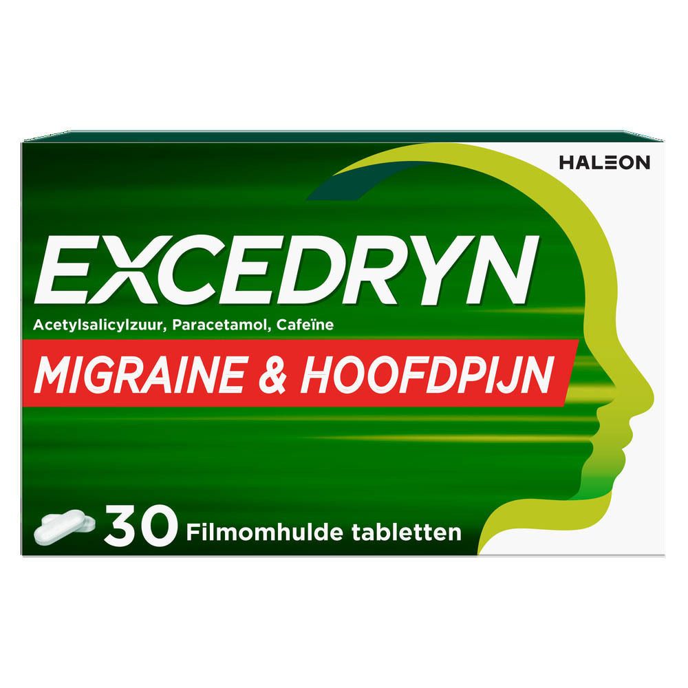 Excedryn verpakking met tabletten. Groen en wit. Tekst: Excedryn, 30 tabletten. Migraine en hoofdpijn.