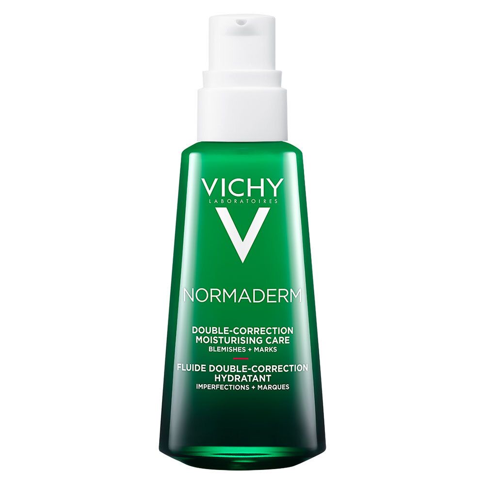 Grüne Flasche mit weißem Spender. Vichy Normaderm, Doppel-Korrektur, Feuchtigkeitspflege. Text.