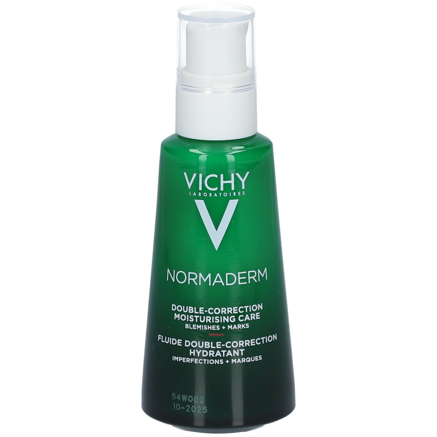 Grüne Flasche mit weißem Spender. Vichy Normaderm, Doppel-Korrektur, Feuchtigkeitspflege. Text.