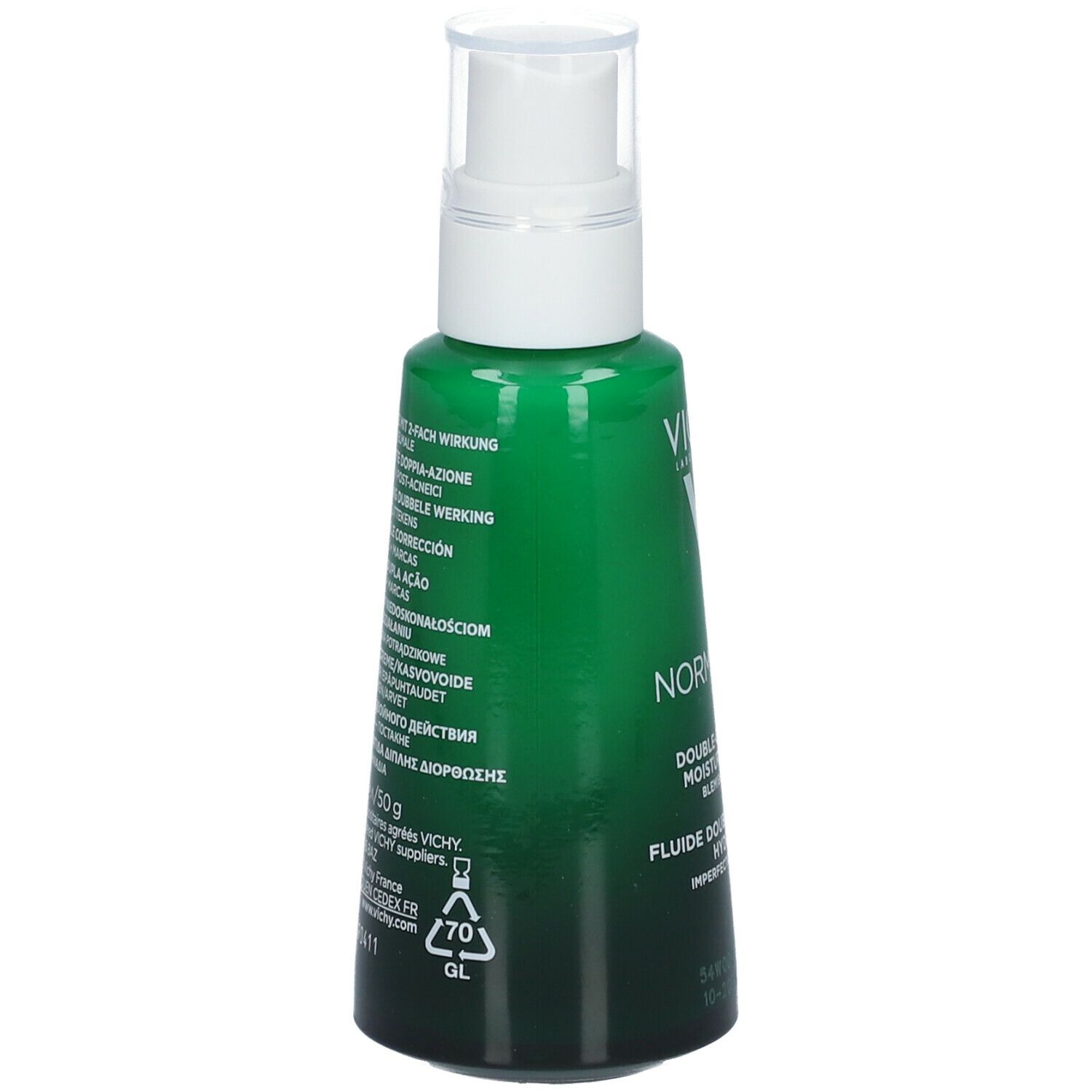 Rückseite der grünen Flasche. Text in verschiedenen Sprachen.