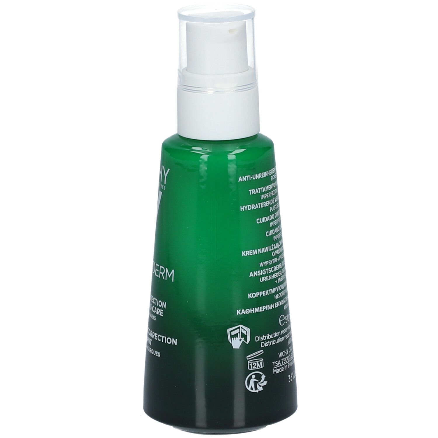 Grüne Flasche mit weißem Spender. Vichy Normaderm, Doppel-Korrektur, Feuchtigkeitspflege. Text.