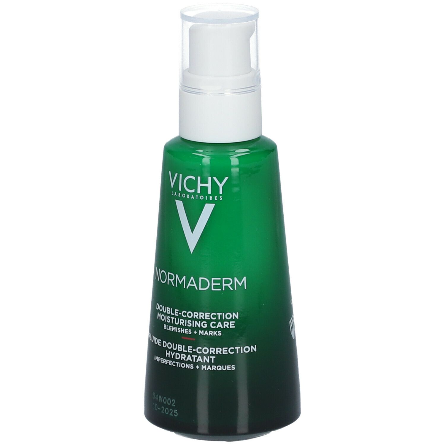 Grüne Flasche mit weißem Spender. Vichy Normaderm, Doppel-Korrektur, Feuchtigkeitspflege. Text.
