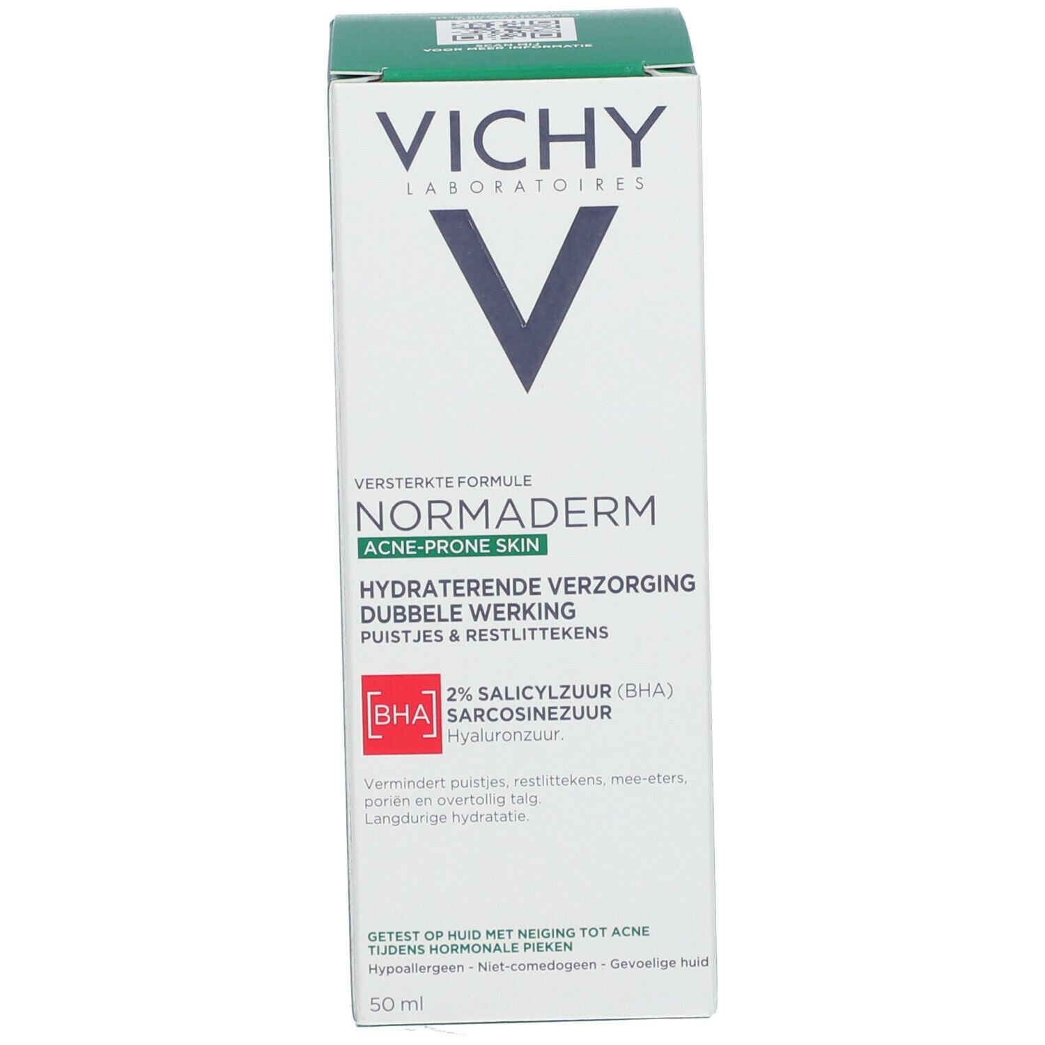 Grüne Flasche mit weißem Spender. Vichy Normaderm, Doppel-Korrektur, Feuchtigkeitspflege. Text.