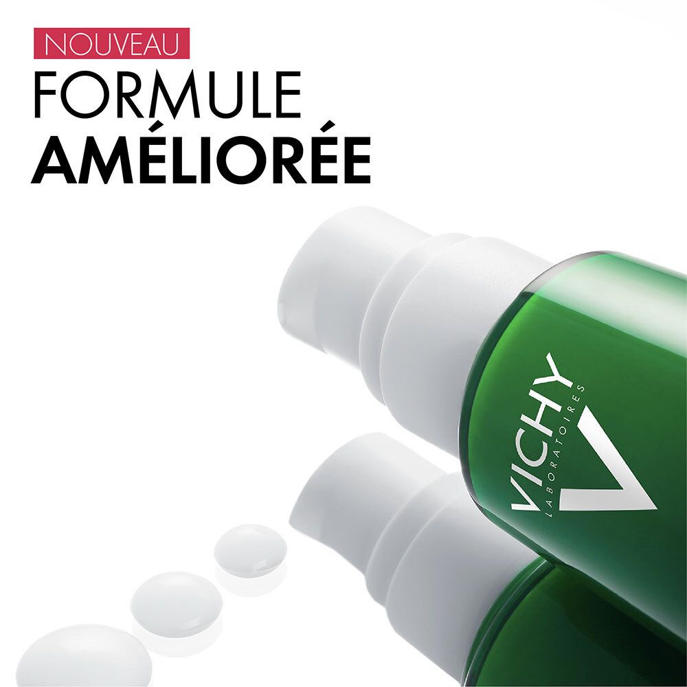 Text: Neue, verbesserte Formel. Vichy Logo und Flasche.