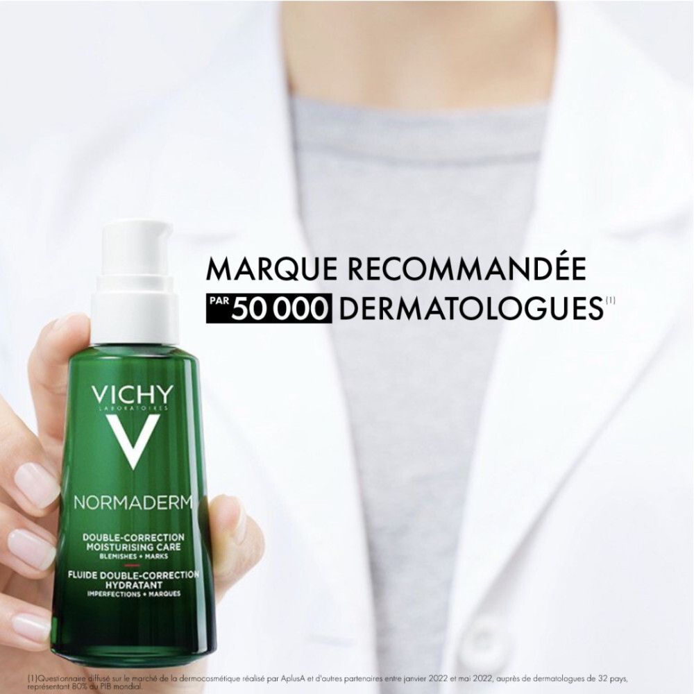 Routine anti-imperfections. 3 produits. Vichy Normaderm sérum, crème et protection solaire.