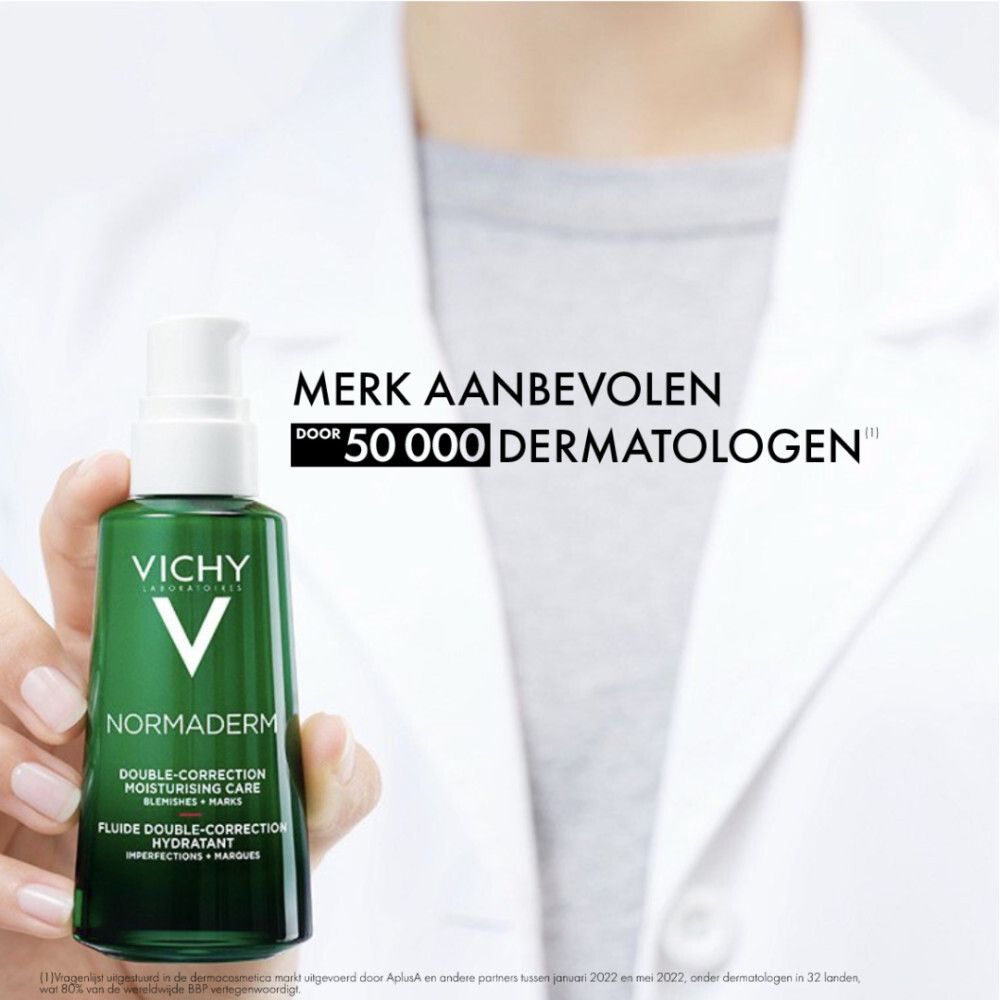 Tekst: Merk aanbevolen door 50.000 dermatologen. Vichy Normaderm fles.