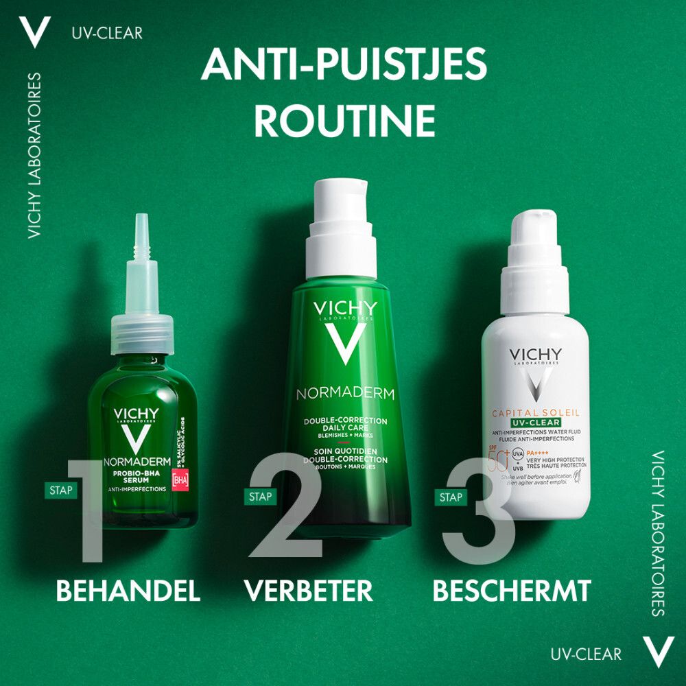Anti-puistjes routine. 3 producten. Vichy Normaderm serum, crème en zonnebrandcrème.