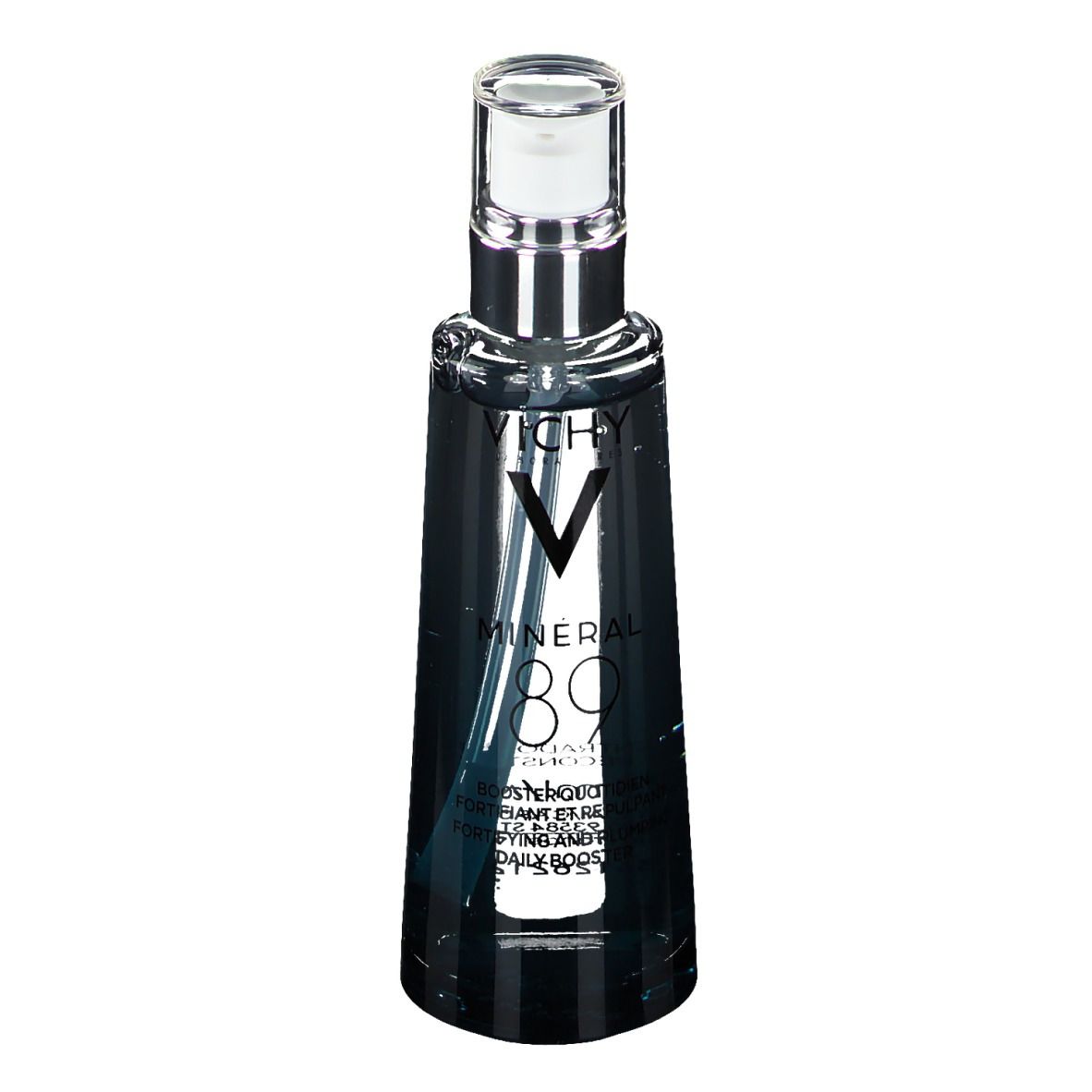 Flacon Vichy Mineral 89. Liquide transparent, base bleue, pompe argentée. Inscription : Mineral 89.