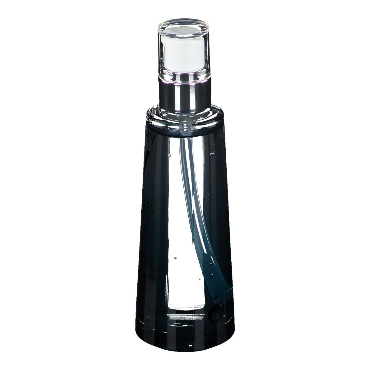 Flacon Vichy Mineral 89. Liquide transparent, base bleue, pompe argentée. Inscription : Mineral 89.