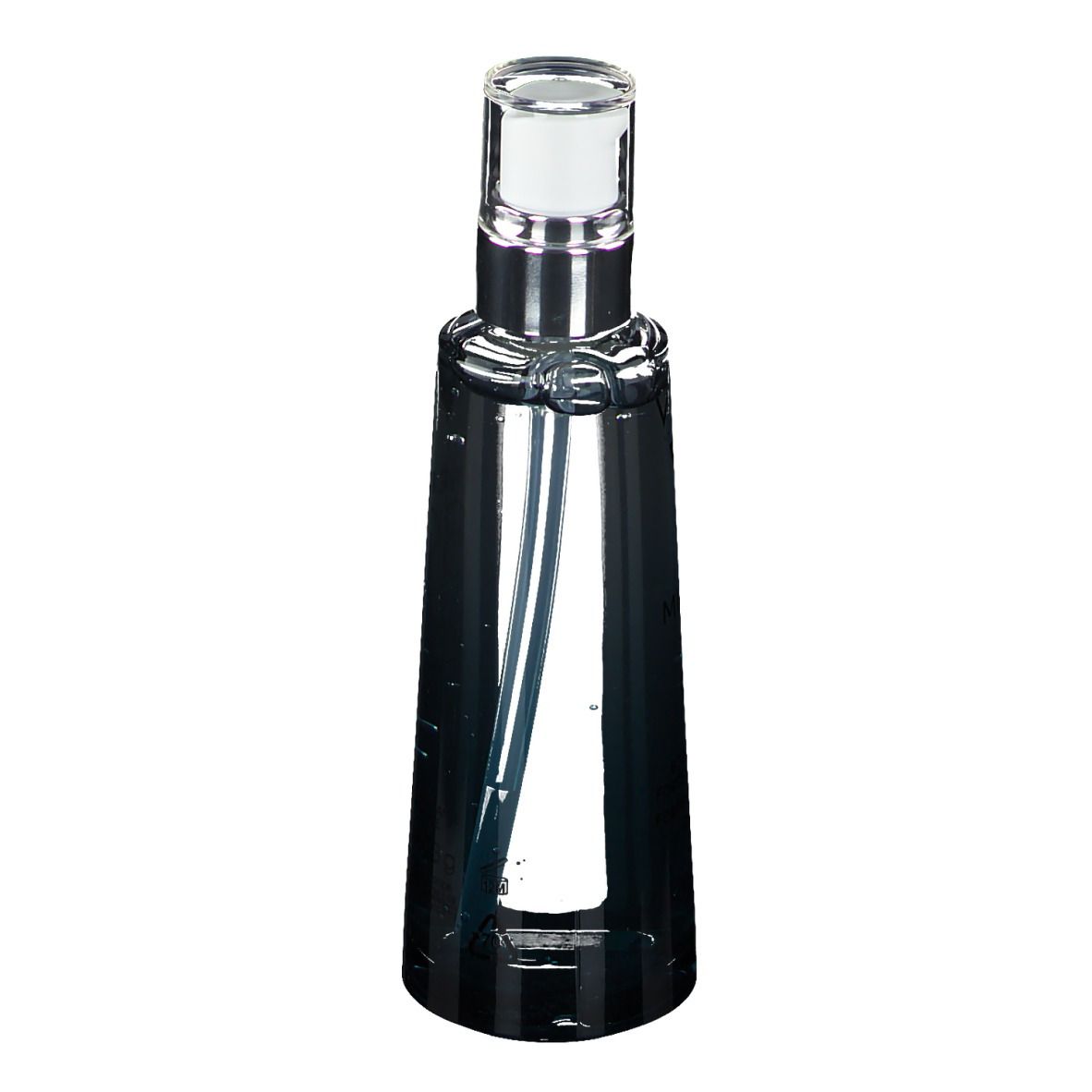 Flacon Vichy Mineral 89. Liquide transparent, base bleue, pompe argentée. Inscription : Mineral 89.