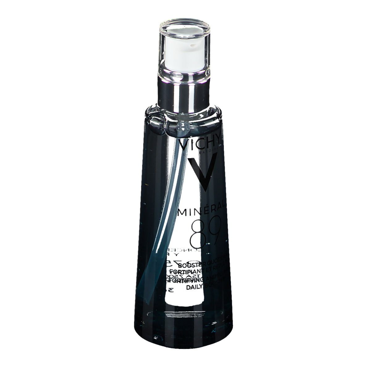Flacon Vichy Mineral 89. Liquide transparent, base bleue, pompe argentée. Inscription : Mineral 89.