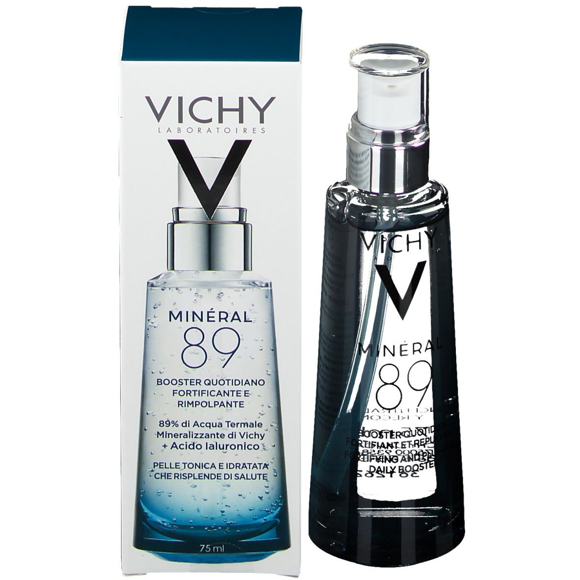 Flacon et emballage Vichy Mineral 89. Flacon avec liquide transparent, base bleue, pompe argentée. Inscription : Mineral 89.