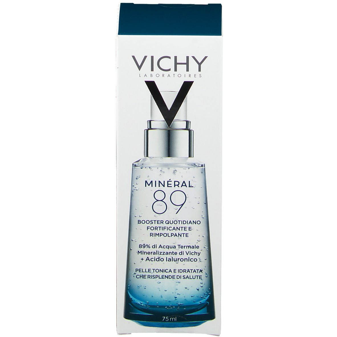 Flacon et emballage Vichy Mineral 89. Flacon avec liquide transparent, base bleue, pompe argentée. Inscription : Mineral 89.
