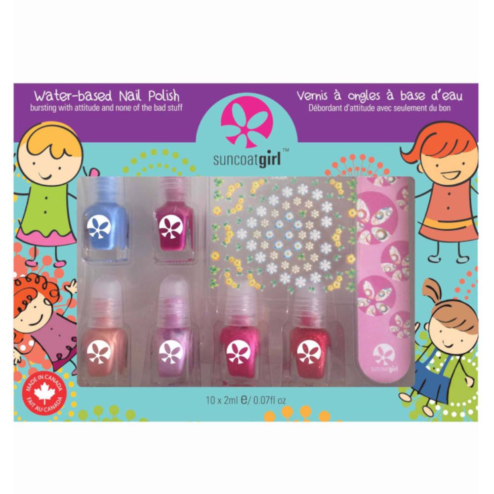 Ensemble de vernis à ongles suncoatgirl. Six flacons, une lime à ongles et autocollants. Couleurs: bleu, rose, rose.
