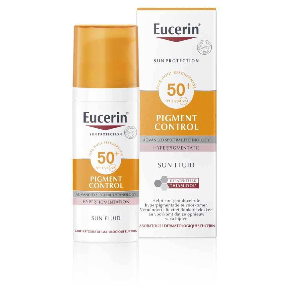 Eucerin Sun Fluid SPF 50+ en verpakking. Witte fles met oranje dop. Opschrift: Pigment Control, SPF 50+.