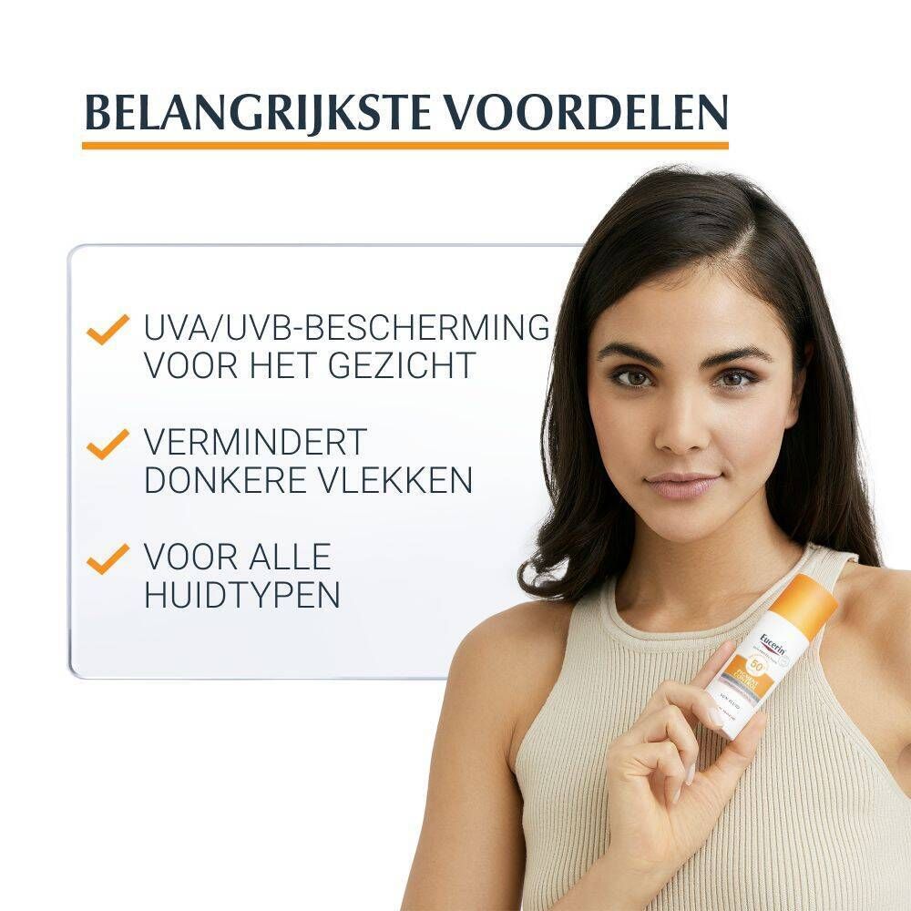 Vrouw houdt Eucerin Sun Fluid SPF 50+ vast. Tekst: UVA/UVB-bescherming, vermindert donkere vlekken, voor alle huidtypen.