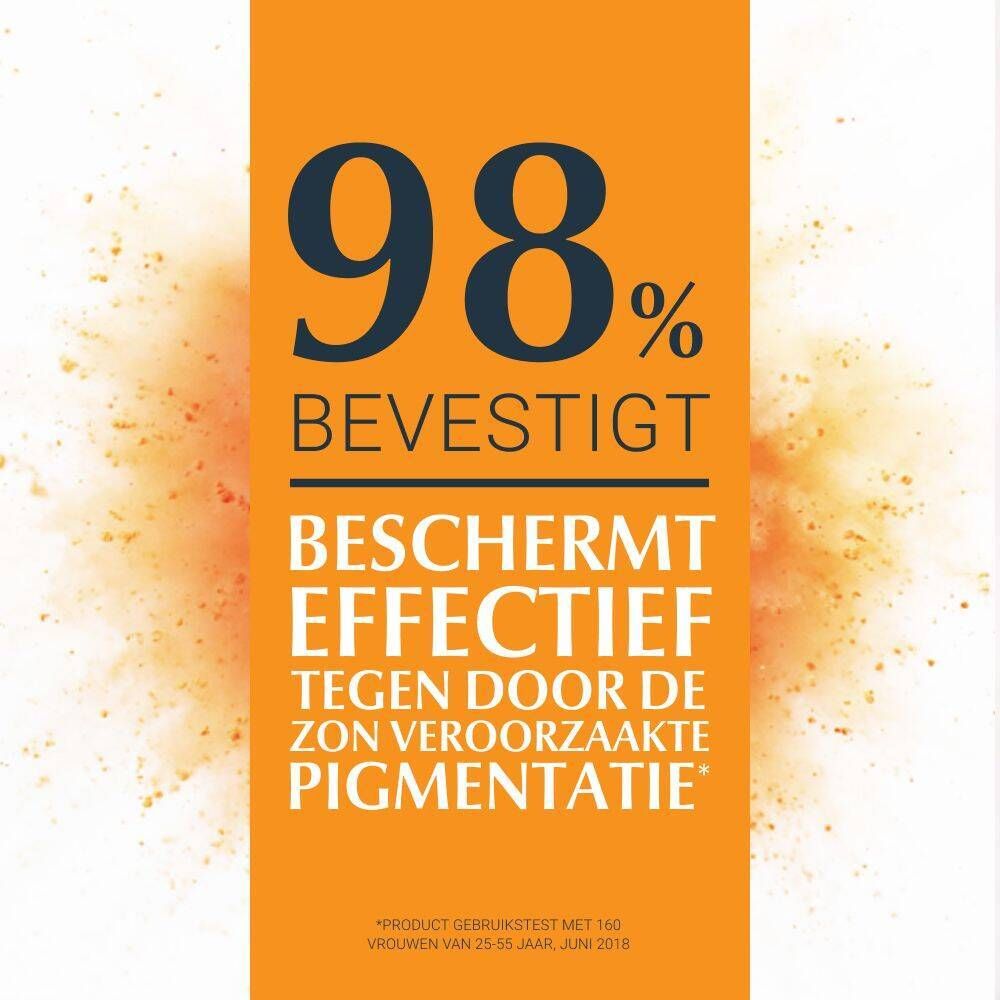 Tekst: 98% bevestigen, beschermt effectief tegen door de zon veroorzaakte pigmentatie.