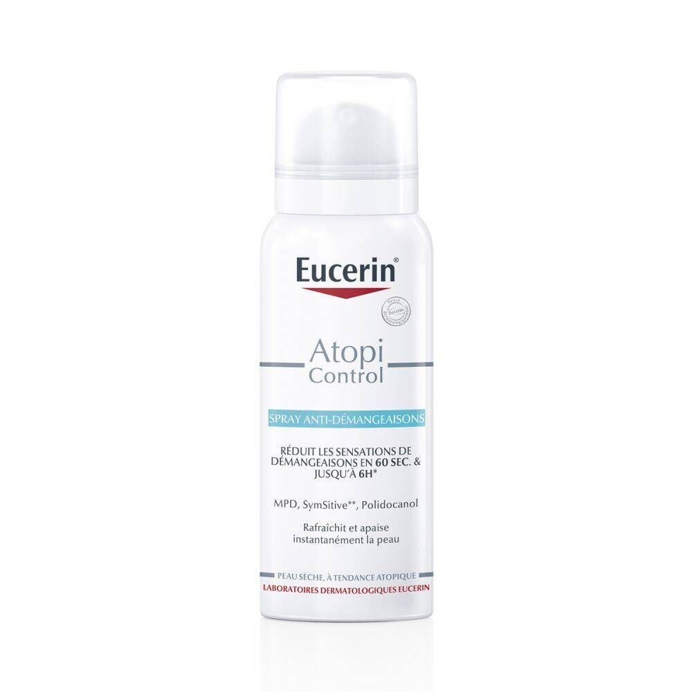 Spray Eucerin AtopiControl. Flacon blanc avec vaporisateur. Nom du produit et logo visibles.