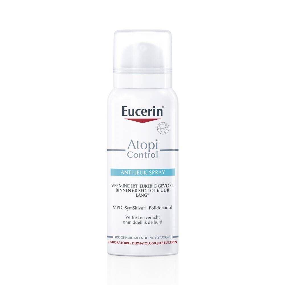 Eucerin AtopiControl Anti-Jeuk-Spray. Witte fles met sproeikop. Productnaam en logo zichtbaar.