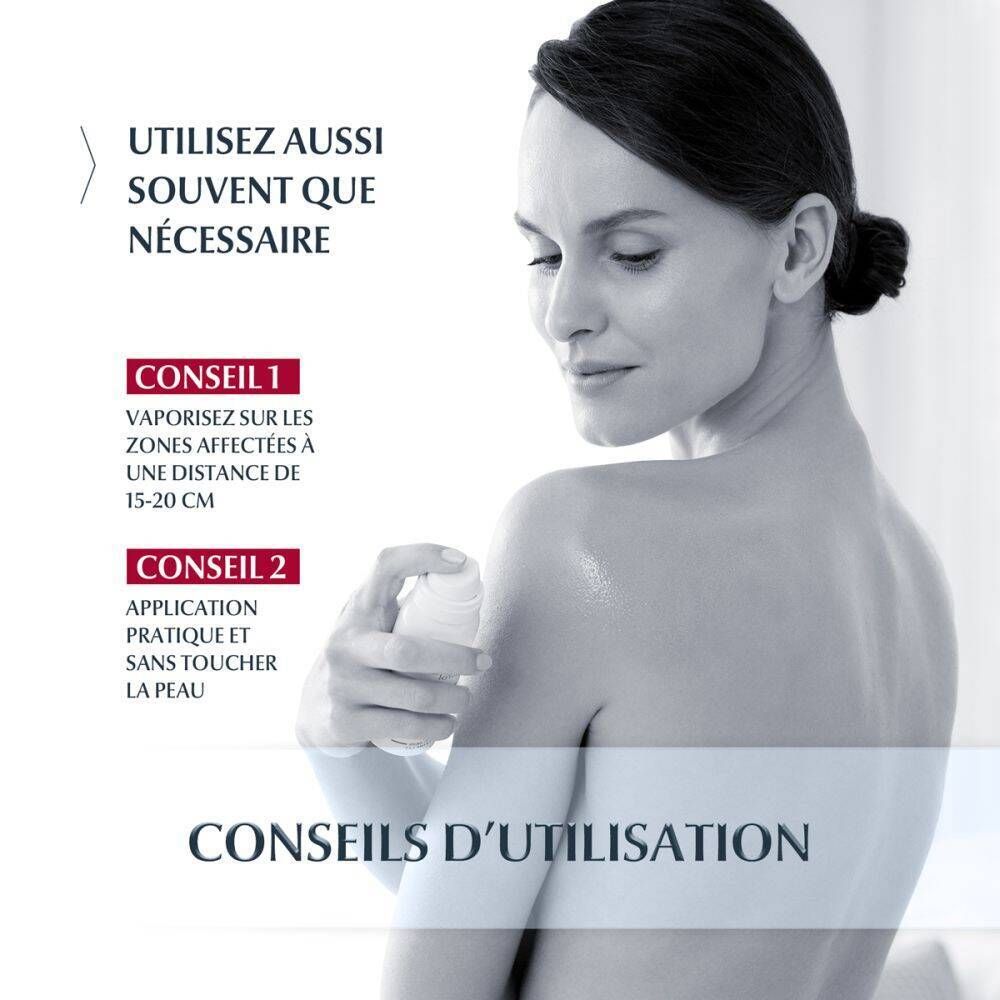Femme vaporisant le spray sur le dos. Conseils d'utilisation : vaporiser sur les zones affectées, distance 15-20 cm.