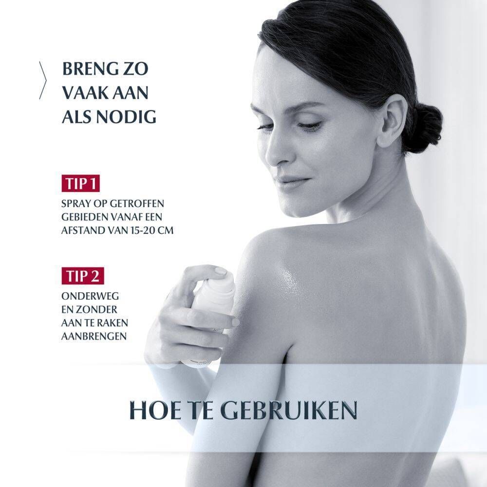 Vrouw spuit spray op rug. Gebruiksaanwijzing: sprayen op getroffen gebieden, afstand 15-20 cm.