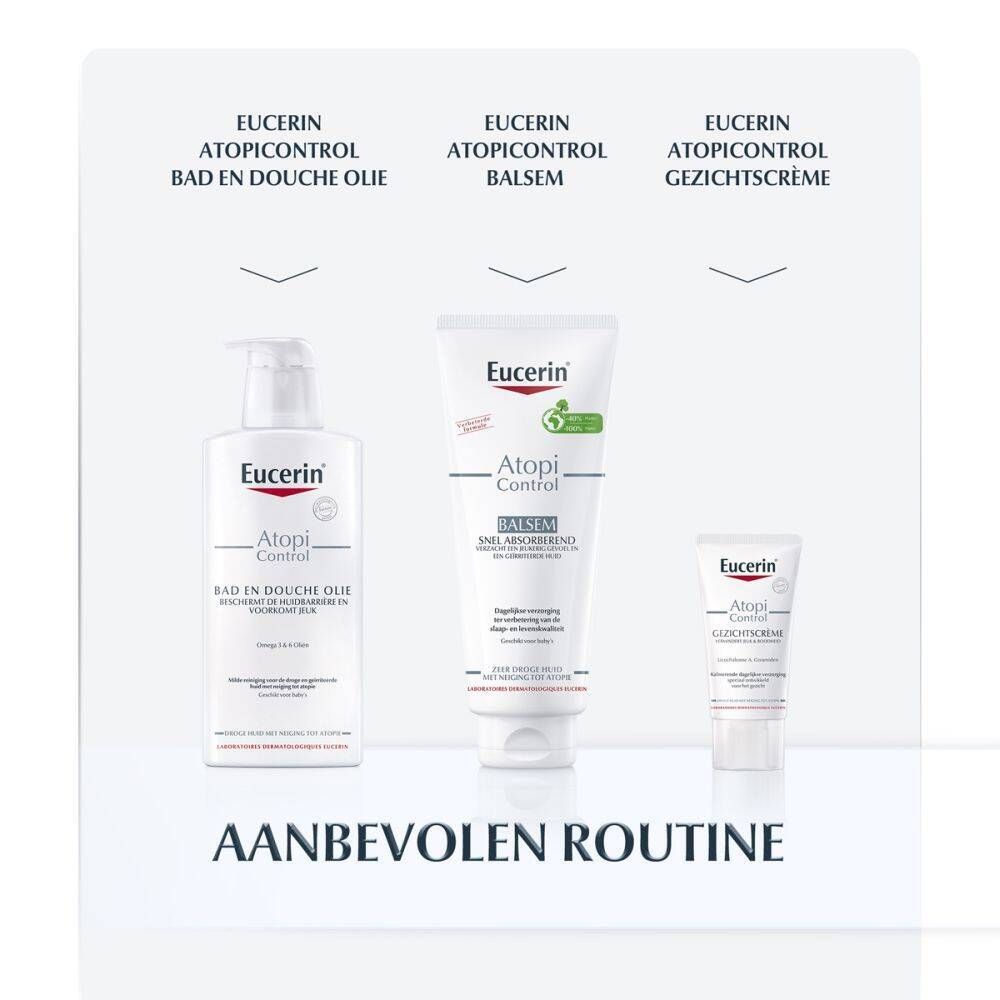 Eucerin AtopiControl productlijn. Doucheolie, balsem en gezichtscrème. Aanbevolen routine.