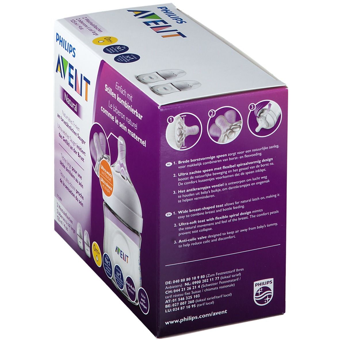 Boîte de biberons Philips Avent Natural. Vue détaillée avec caractéristiques du produit et illustration du biberon.