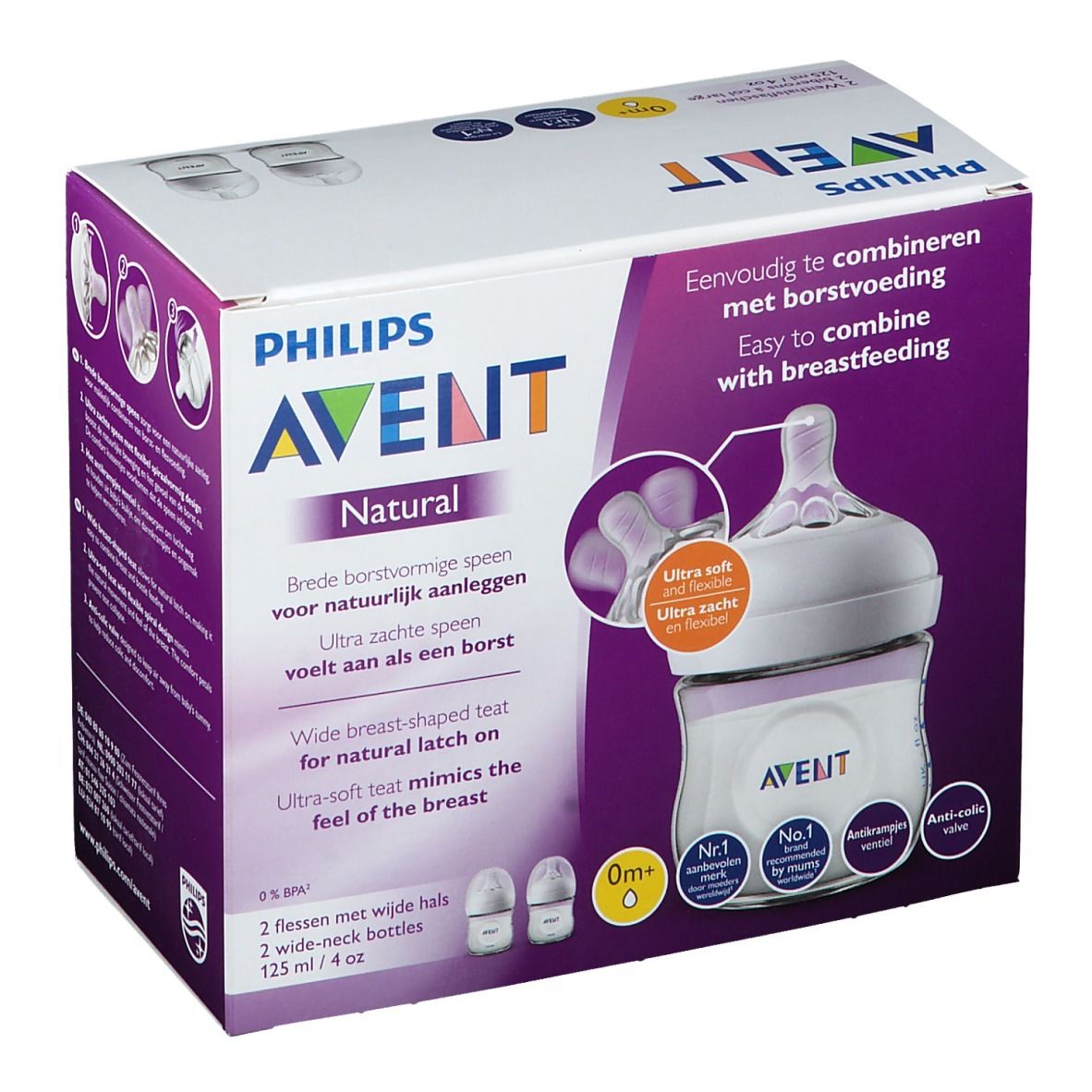 Boîte de deux biberons Philips Avent Natural. Biberons avec accents violets, illustrations de tétines et nom du produit.