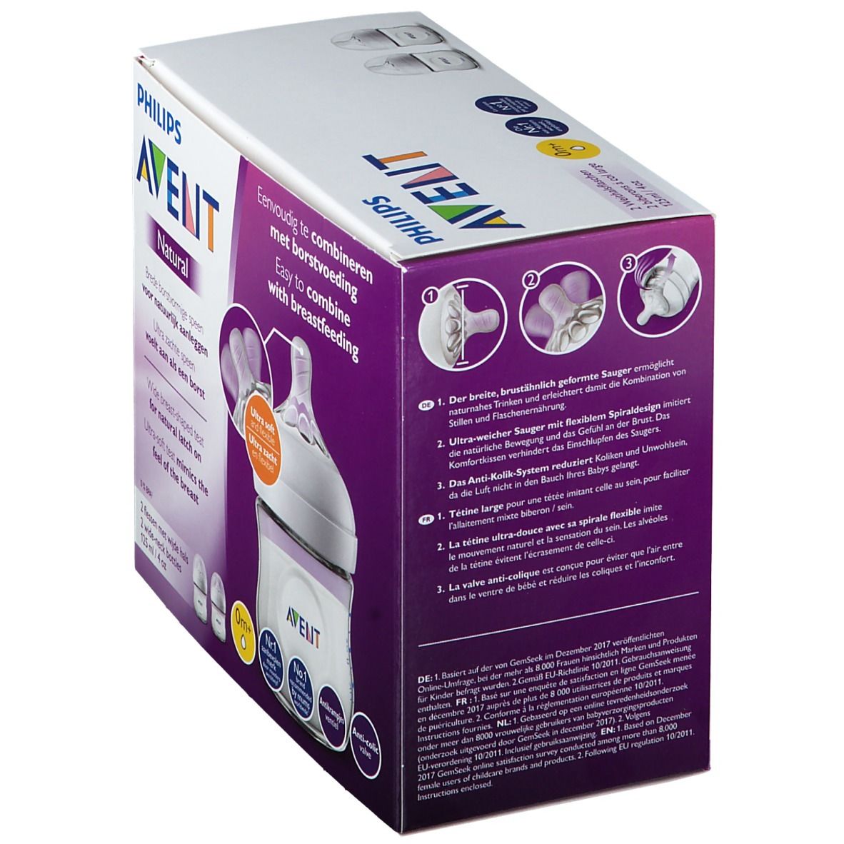 Boîte de biberons Philips Avent Natural. Vue détaillée avec caractéristiques du produit et illustration du biberon.