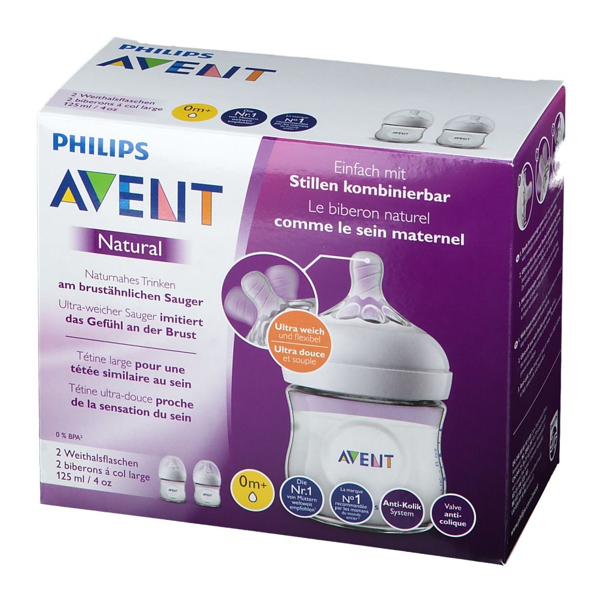 Boîte de deux biberons Philips Avent Natural. Biberons avec accents violets, illustrations de tétines et nom du produit.