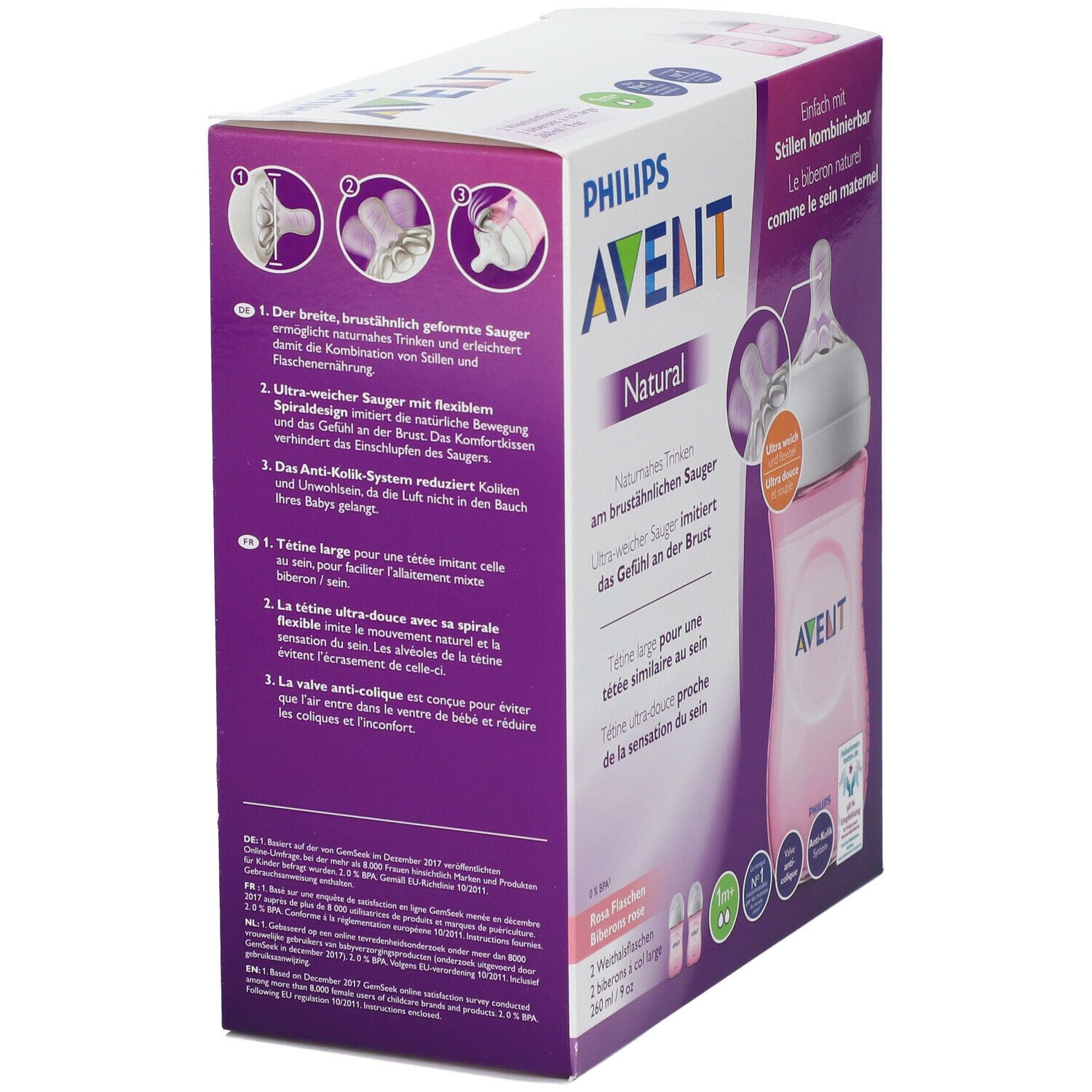 Verpackung, Seitenansicht. Philips Avent Natural, rosa Flasche, Beschreibung des Anti-Kolik-Systems.