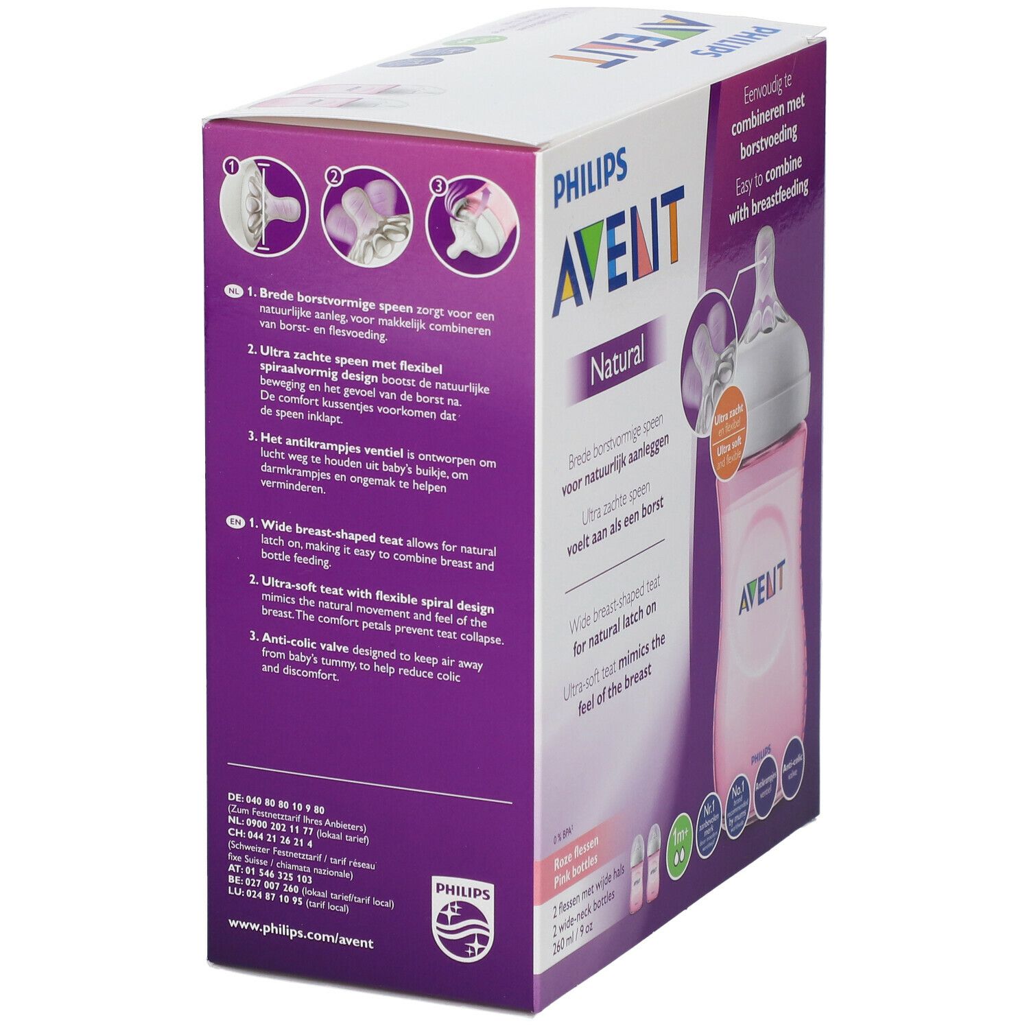 Verpackung, Seitenansicht. Philips Avent Natural, rosa Flasche, Beschreibung des Anti-Kolik-Systems.