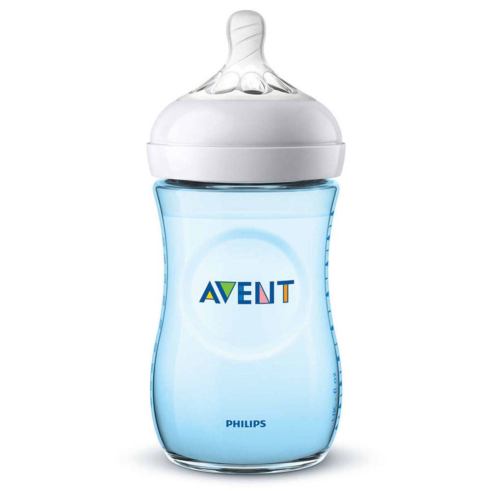 Babyflasche, blau, mit weißem Deckel und Sauger. Avent-Logo sichtbar.