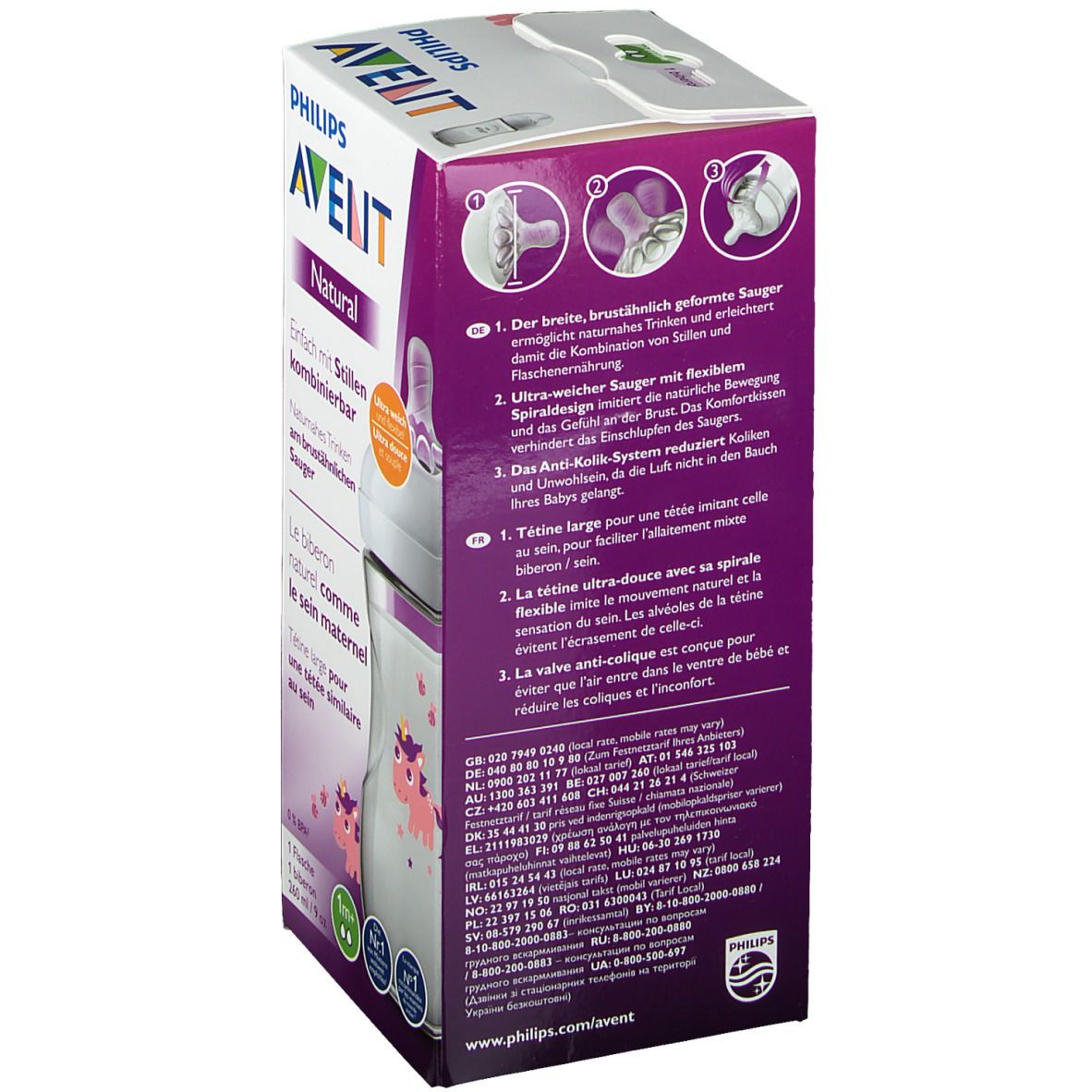 Emballage de biberon AVENT Natural 2.0. Inscriptions : caractéristiques du produit, marque, nom du produit, illustrations. Biberon partiellement visible.