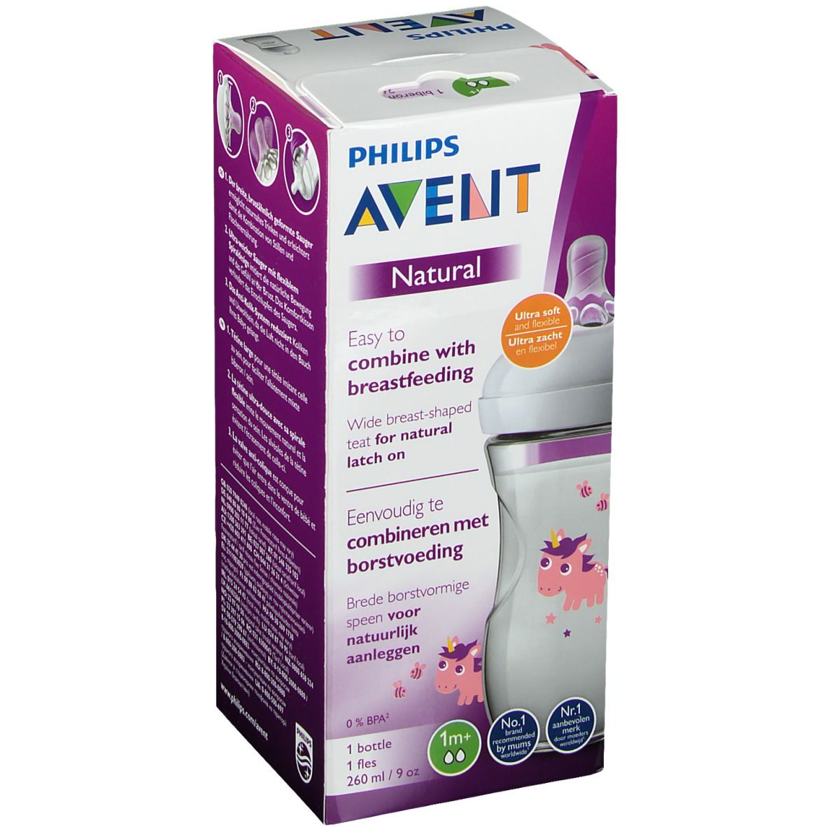 Emballage du biberon AVENT Natural 2.0. Inscriptions : marque, nom du produit, caractéristiques du produit, illustrations. Biberon partiellement visible.
