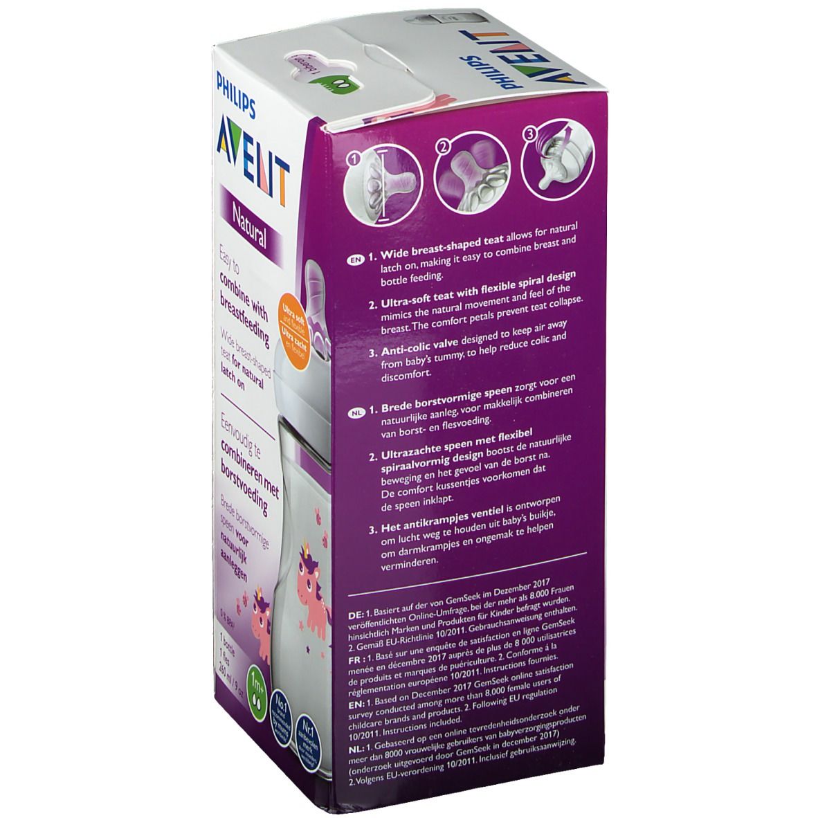 Emballage du biberon AVENT Natural 2.0. Inscriptions : caractéristiques du produit, marque, nom du produit, illustrations. Biberon partiellement visible.