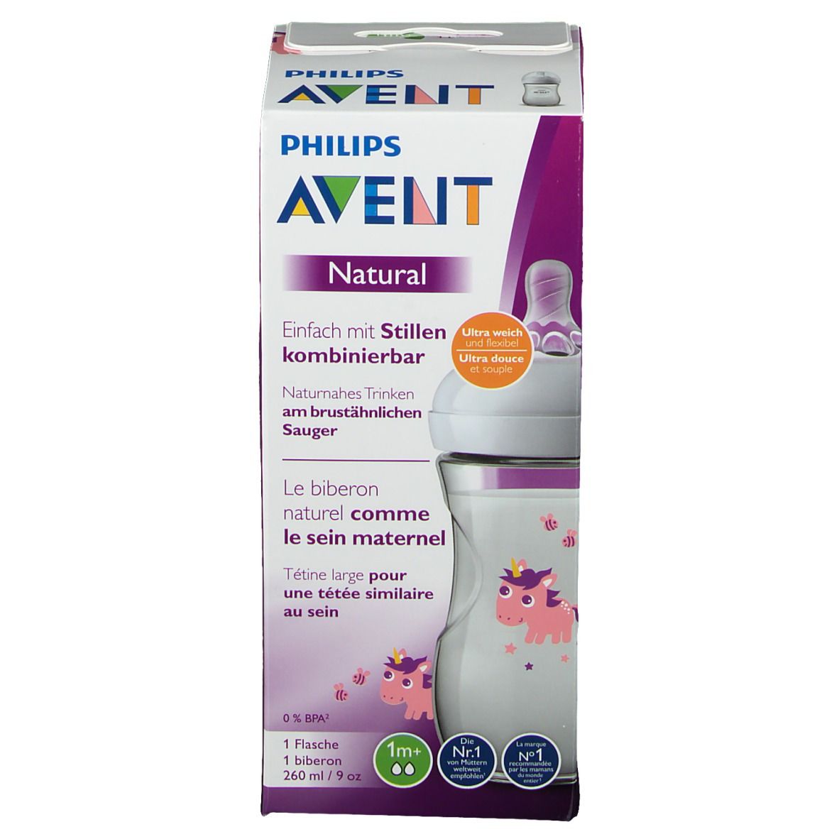 Emballage du biberon AVENT Natural 2.0. Inscriptions : marque, nom du produit, caractéristiques du produit, illustrations. Biberon partiellement visible.