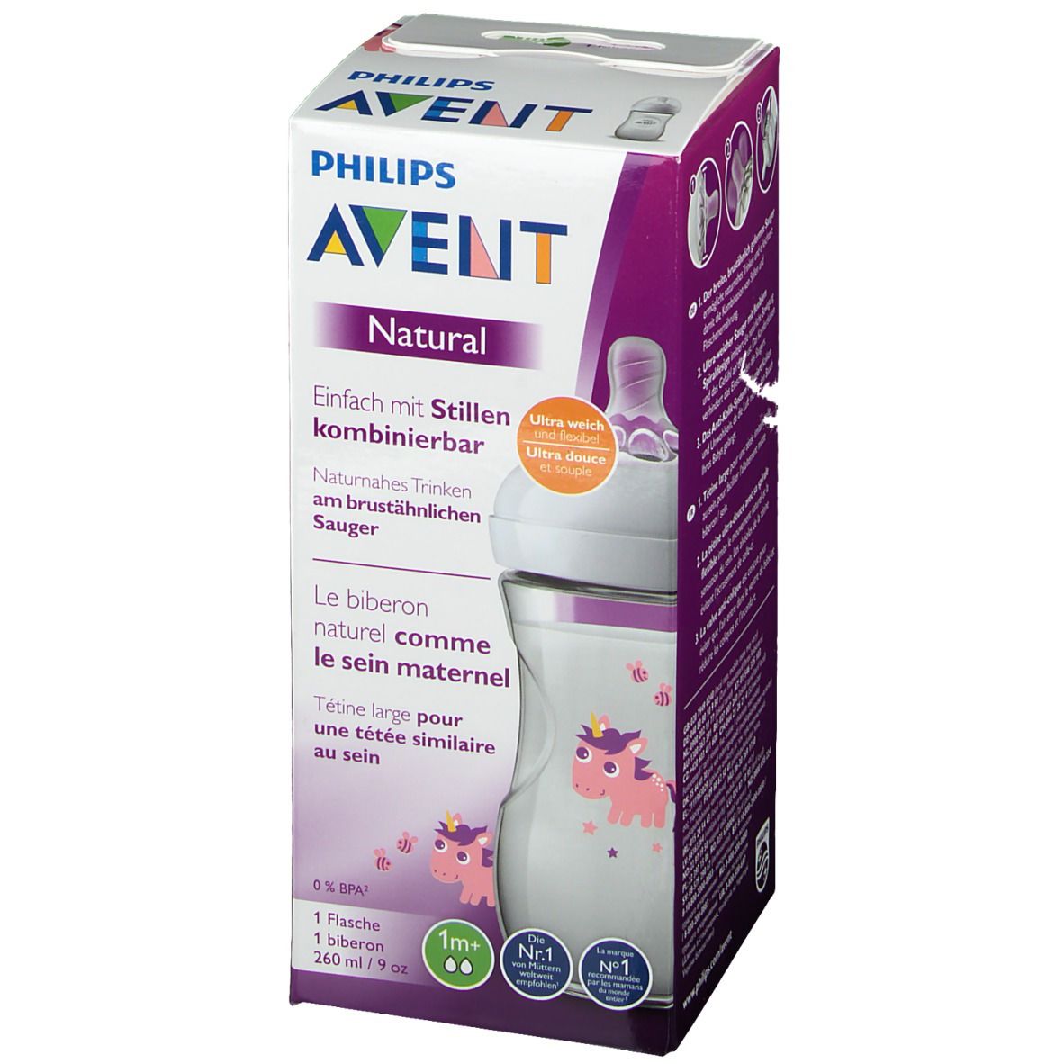 Emballage du biberon AVENT Natural 2.0. Inscriptions : marque, nom du produit, caractéristiques du produit, illustrations. Biberon partiellement visible.