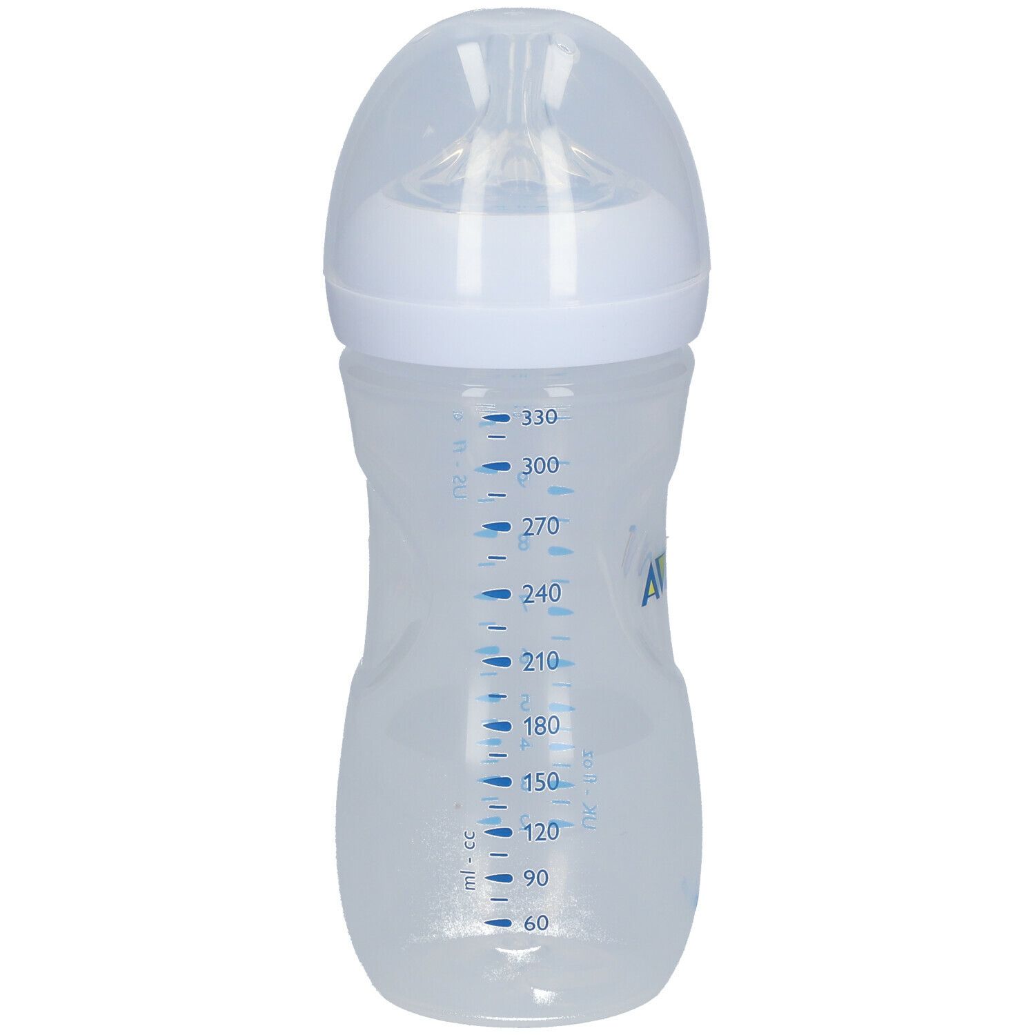 Biberon transparent avec échelle de mesure bleue. Tétine et capuchon blancs. Indications de ml imprimées.
