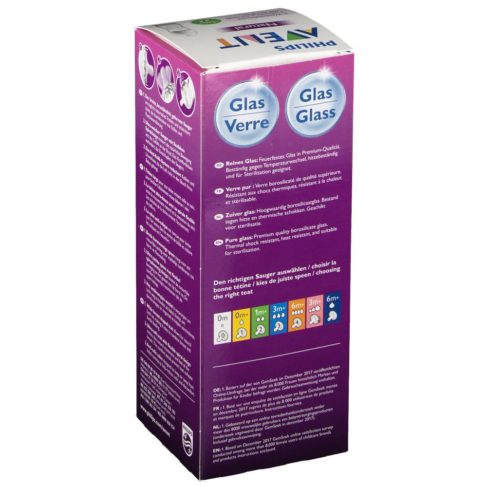 Emballage du biberon en verre Philips Avent. Boîte violette et blanche avec informations et logos. Texte en plusieurs langues.