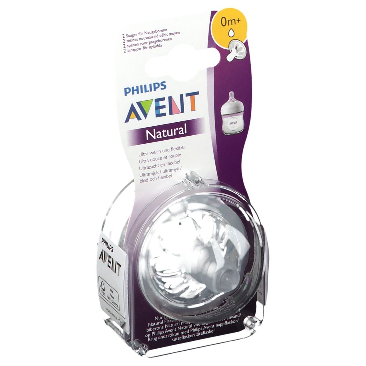 Emballage Philips Avent Natural. Tétine visible, emballage avec nom du produit et recommandation d'âge 0m+.