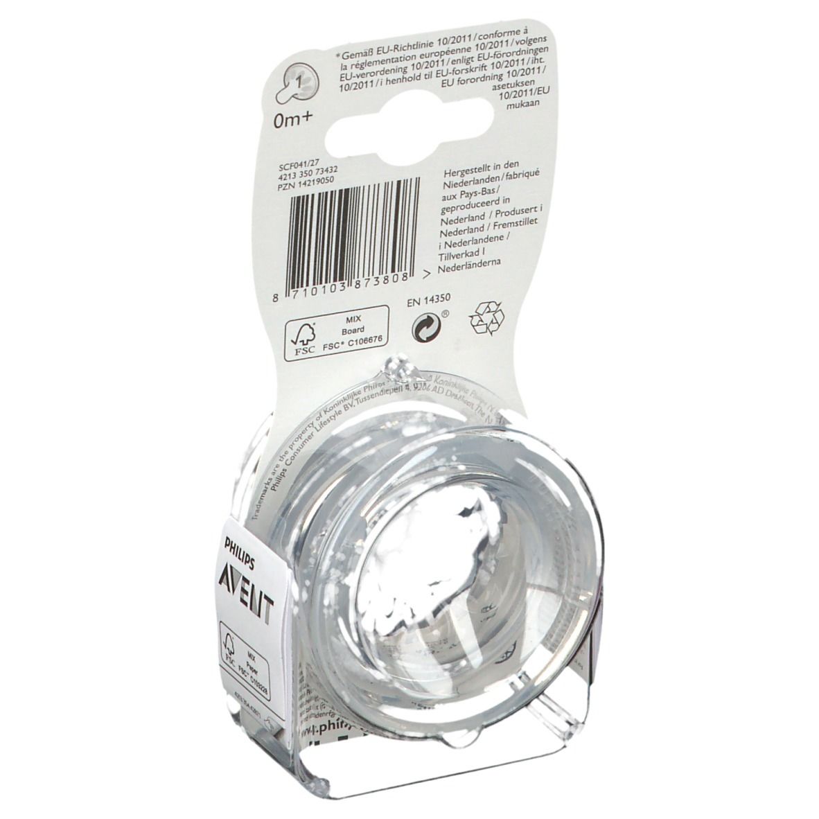 Dos de l'emballage de la tétine Philips Avent Natural. Informations produit, recommandation d'âge 0m+, certification FSC.