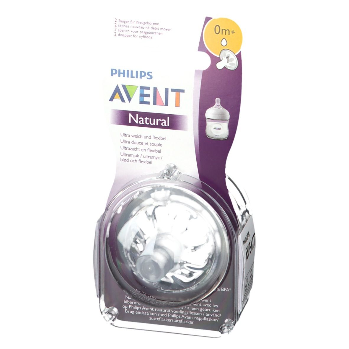 Emballage Philips Avent Natural. Tétine visible, emballage avec nom du produit et recommandation d'âge 0m+.