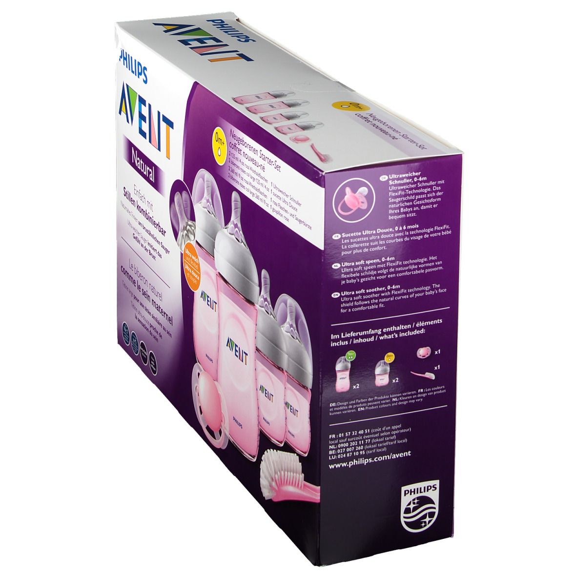 Coffret nouveau-né Philips AVENT Natural rose. Biberons, sucette et brosse. Vue latérale de l'emballage.