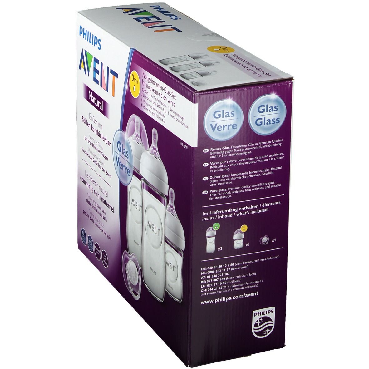 Schuine weergave van de verpakking van de Philips AVENT Natural-set voor pasgeborenen. Bevat flessen, spenen en fopspeen. Glazen flessen.