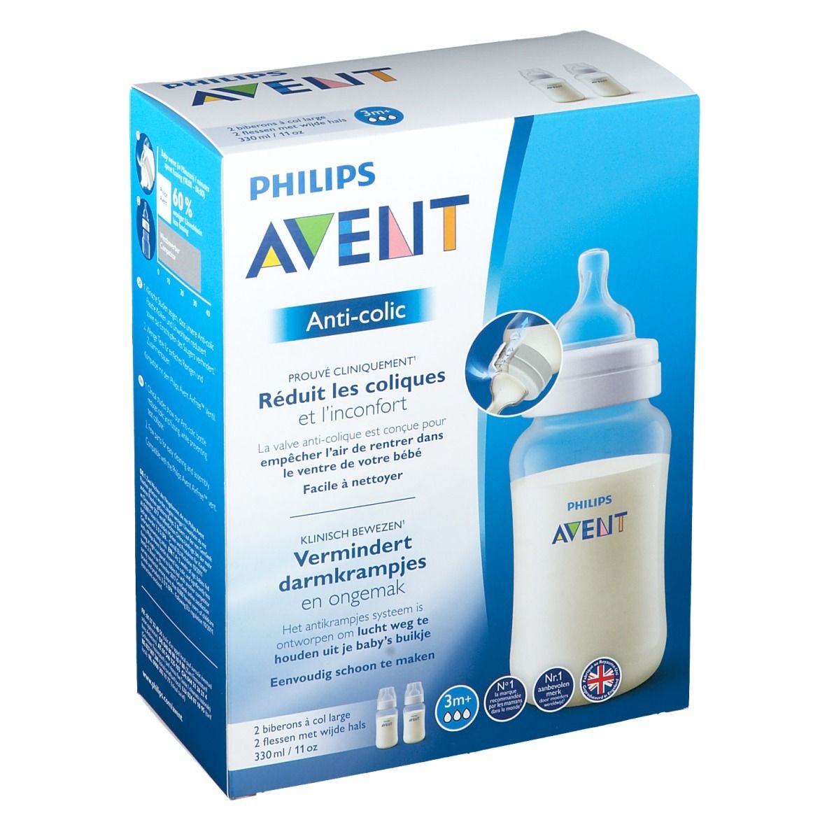 Boîte Philips Avent Anti-colique. Image du produit et texte sur fond bleu. Contient deux biberons.